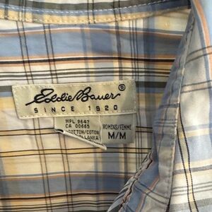 Eddie Bauer women’ Plaid Button-Down Shirt - Light Blue & Cream with Tan Stripes